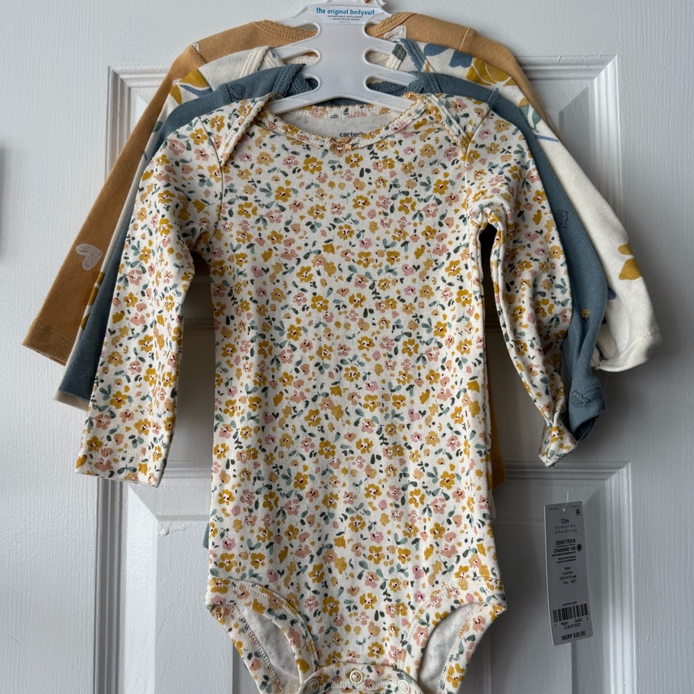 Carters Set of 4 Long-Sleeved Bodysuits, 12m NWT